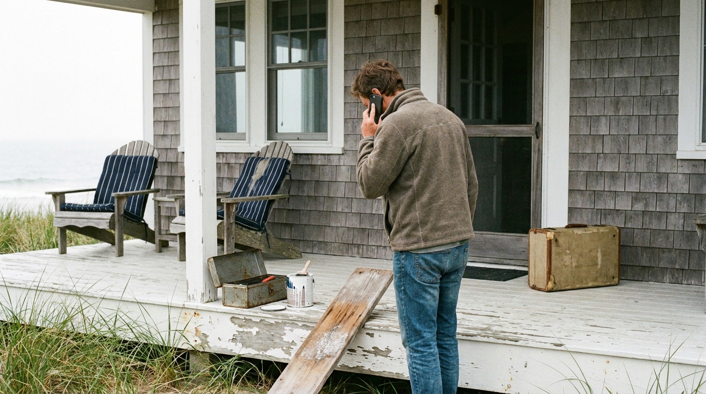 An owner handles a repair call beside a loose porch board, an open toolbox, and a suitcase waiting at a remote beach house.